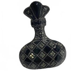 Judith Jack Sterling Silver 10g Marcasite & Onyx Bottle/Flask 1.5" Fine Brooch